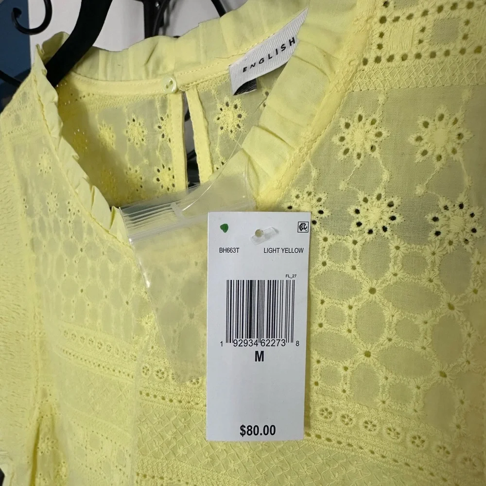 English Factory Yellow Lace Eyelet Blouse Ruffle Sleeves keyhole opening NWT - Picture 4 of 7
